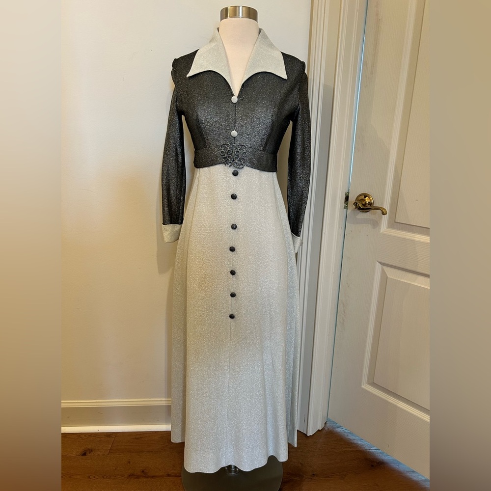 Handmade Lurex Black and Silver Long Sleeve Belted Dress